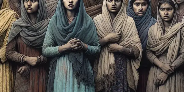 A group of young Korean women in traditional attire stand resiliently in a war-torn landscape, expressing sorrow and strength.