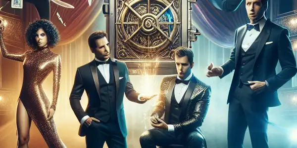 Four illusionists perform a captivating heist in a lavish theater, showcasing magic tricks and a thrilling atmosphere.