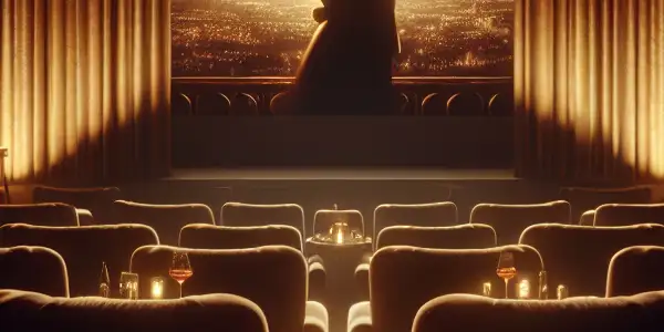 A cozy, dimly lit film screening room featuring silhouettes of a couple in an intimate embrace on a large screen.