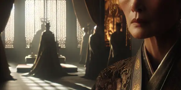 Empress Dowager Cixi in a lavish Qing Dynasty palace, contemplating power amidst court intrigue and whispers.