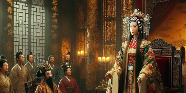 Empress Dowager Cixi presides over a tense council in a grand Qing Dynasty throne room.