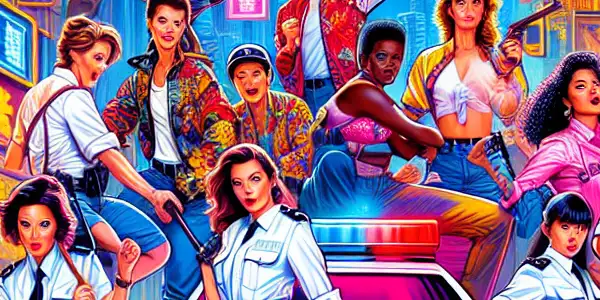 A dynamic scene of stylish female police officers in 1980s Hong Kong, blending humor and action amidst a vibrant cityscape.