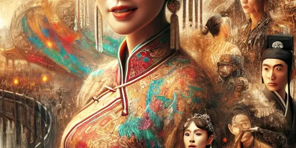 A dynamic portrait of actress Huang Man, surrounded by elements representing her diverse roles in Chinese cinema.