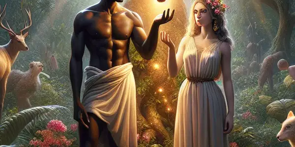 Adam and Eve in the Garden of Eden, surrounded by vibrant flora, a glowing forbidden fruit, and a mystical atmosphere.