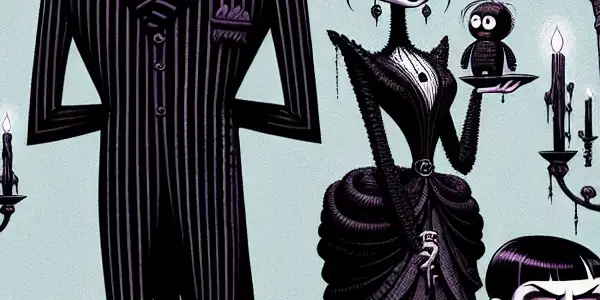 The Addams Family characters in a spooky mansion, blending humor and eeriness with gothic elements.