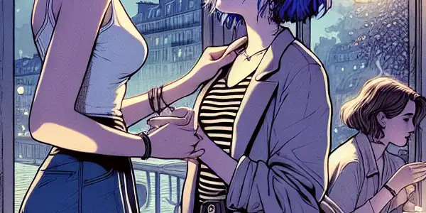 Two young women share a tender moment in a cozy Parisian café, surrounded by warm lighting and cultural elements.