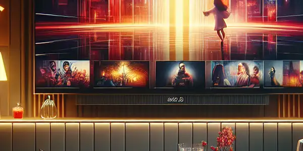 A modern living room setting with an entertainment system, luxurious couch, and hints of adult subscription services.